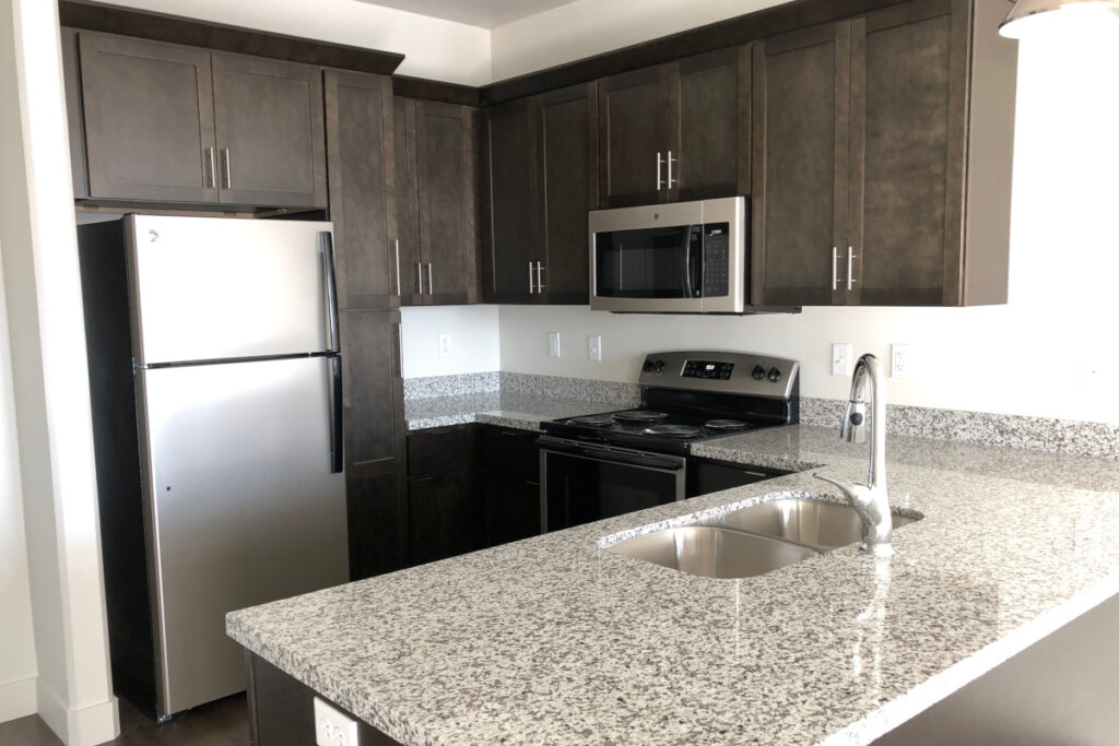 Apartment Kitchen with dark cabinets