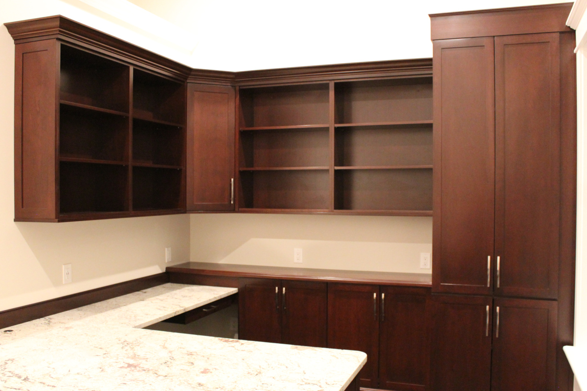 Home office cabinets, desk, and shelves