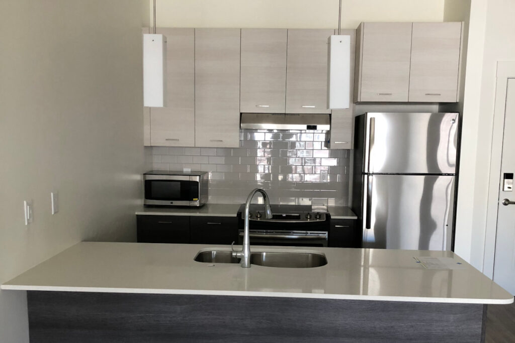 Apartment kitchen cabinets and island